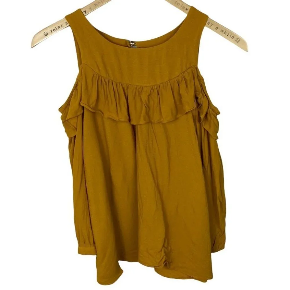 Anthropologie Maeve Brearly Mustard‎ Yellow Open Shoulder Ruffle Top Size 2 Boho - Picture 8 of 15